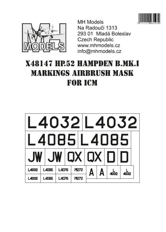 X48147 Маски маркування HP.52 Hampden B.Mk.I для ICM