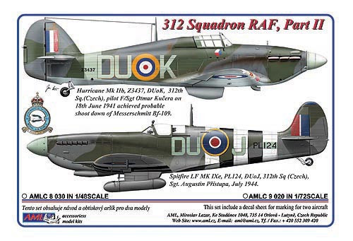 AMLC 8 030 312 th Squadron RAF, Часть 2. / 2 варианта декалей: Hurricane Mk.IIb, Z3437, DuoK + Spitfire LF Mk.IXe, PL124, DuoJ