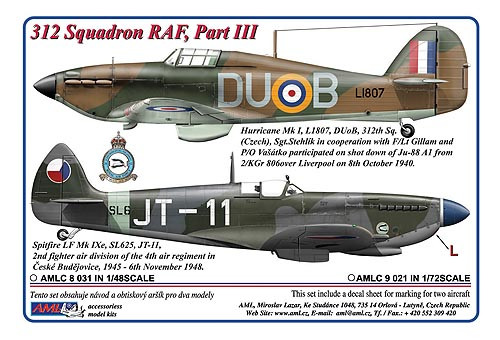 AMLC 8 031 312 th Squadron RAF, Часть 3 . / 2 варианта декалей: Hurricane Mk.I, L1807, DuoK + Spitfire LF Mk.IXe, SL625, JT-11