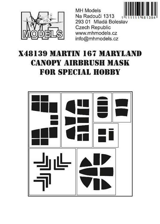 X48139 Маска  на ліхтар кабіни Martin 167 Maryland для моделі Special Hobby.