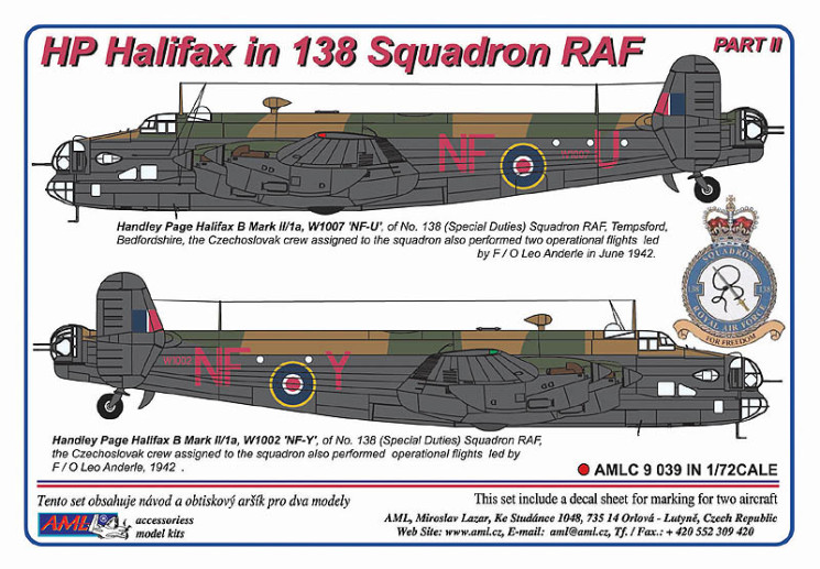 AMLC 9 039 HP Halifax in 138 Squadron RAF ( 2 версии декалей: NFoU и NfoY )